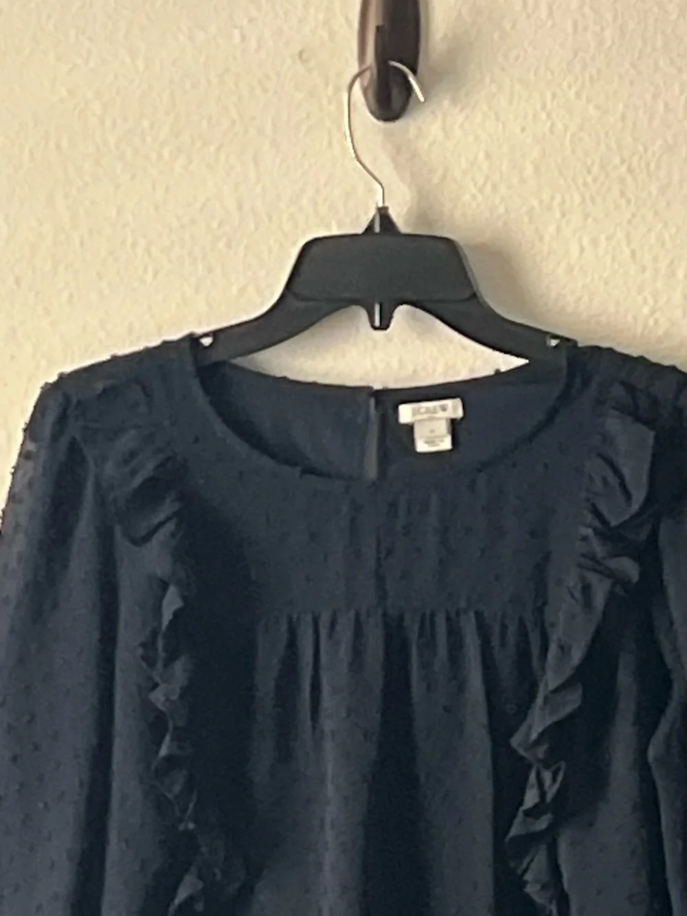 J. Crew Navy Swiss Dot Ruffle‎ Long-Sleeve Blouse, Size 8